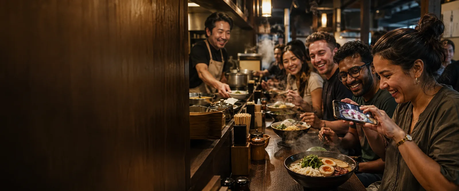 満席の店内で、外国人のお客様が料理を撮影しながら食事を楽しんでいる様子
