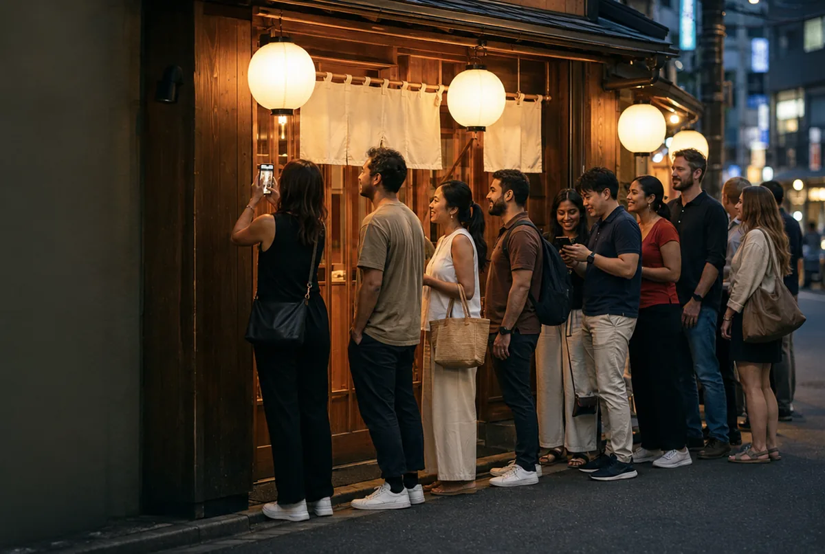 夕暮れの飲食店の前で、外国人のお客様が楽しそうに並んでいる様子