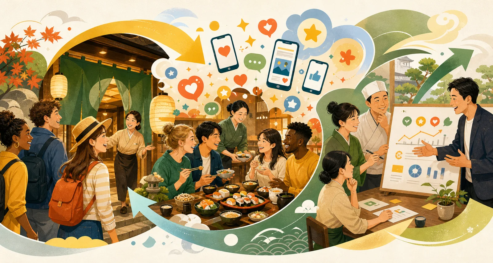外国人のお客様と施設側が体験について考えるイメージイラスト